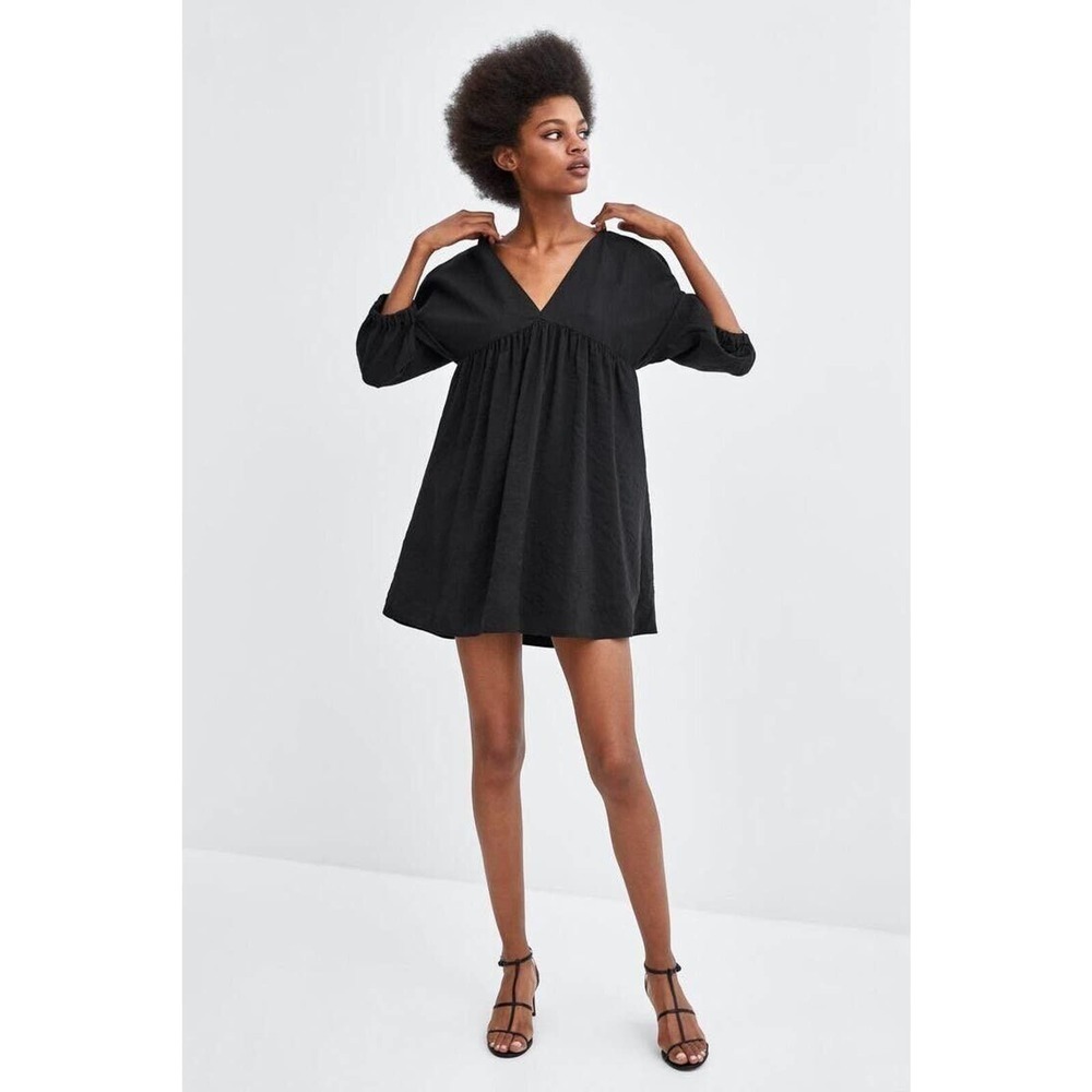 Zara Smocked Babydoll 3/4 Sleeve Mini Dress With Pockets Black Women's XS